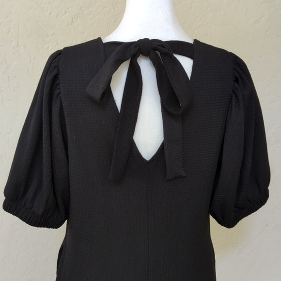 Code x Mode Black Textured Puff Sleeved V Neck Tie Back Peplum Midi Dress Small - Picture 7 of 10